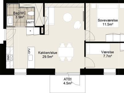 3 værelses lejlighed på 76 m