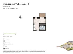 1 værelses lejlighed på 34 m