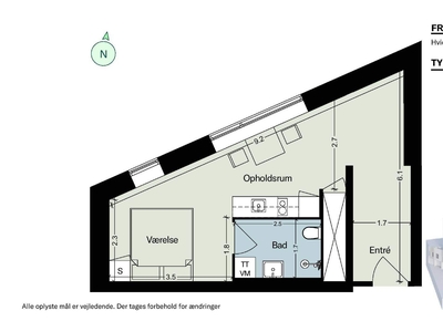 1 værelses lejlighed på 62 m