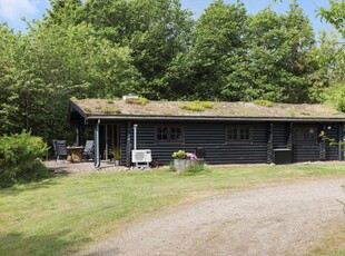 Bjælkehytte med vildmarksbad og skovklædt naturgrund