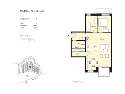 3 værelses lejlighed på 105 m