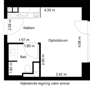 1 værelses lejlighed på 29 m