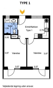 3 værelses lejlighed på 56 m