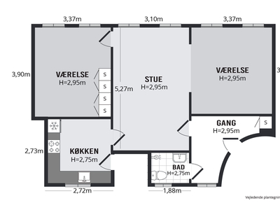 3 værelses lejlighed på 79 m