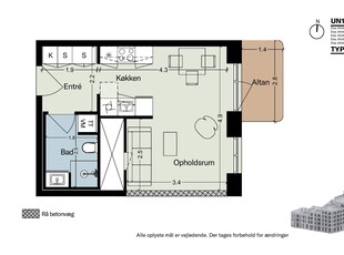 1 værelses lejlighed på 43 m