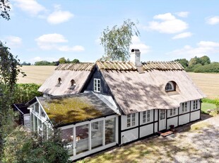 Smukt bondehus med stråtag og overdækket terrasse tæt på Råbylille strand.