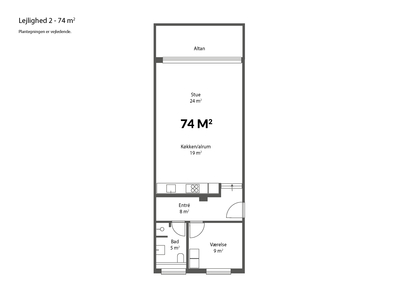 2 værelses lejlighed på 74 m